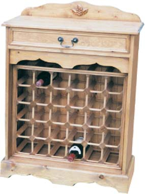 Pine wine rack with decorative pelment and base  accomodating up to 30 wine bottles. Slimline
