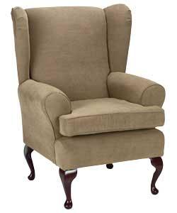 This high-back chair has traditional roll arms, stylish side wings and classically elegant 9in Queen
