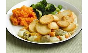 Sweet potato, carrot, onion, mushroom, celeriac and leek cooked in a vegetarian cheese sauce and topped with sautand#233; potatoes. Served with carrot and swede mash and broccoli.