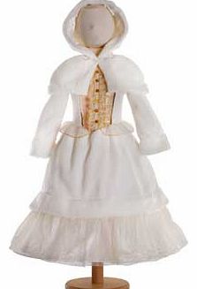 A sumptuous dress in warm ivory fleece. with a shimmery bodice and a statement jewelled organza frill. The sleeves and hem are trimmed with faux fur and there is a golden glitter net which peeps out from underneath the skirt This style comes with a h