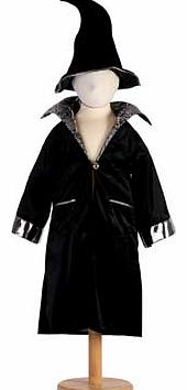 A black velour cloak with a silver brocade collar and silver cuffs. This style includes a black velour crooked Wizard hat Machine washable Suitable for height 116 to 128cm. For ages 6 years and over. Polyester. EAN: 5014568228559. WARNING(S): Not sui