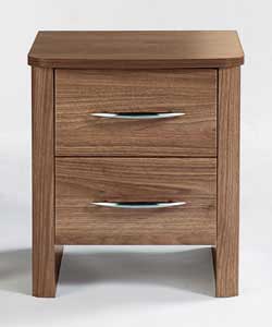 Walnut-effect chest with curved top. Curved, chrome-effect metal handles. 2 drawers with metal