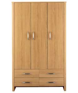 Oak-effect robe with curved top. Curved, chrome-effect metal handles. Includes 1 hanging rail, 3