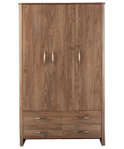 Walnut-effect robe with curved top. Curved, chrome-effect metal handles. Includes 1 hanging rail, 3