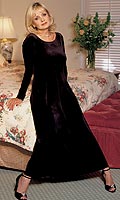 Pull-on soft velvet dress with scoop back neck. Length: 50ins. Washable. 90% polyester, 10%