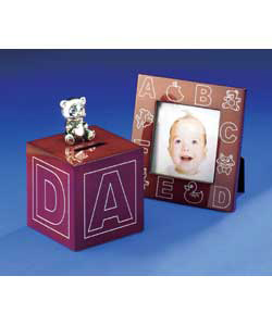 Wood Veneer and Silver Plate ABC Photo Frame and Money Box