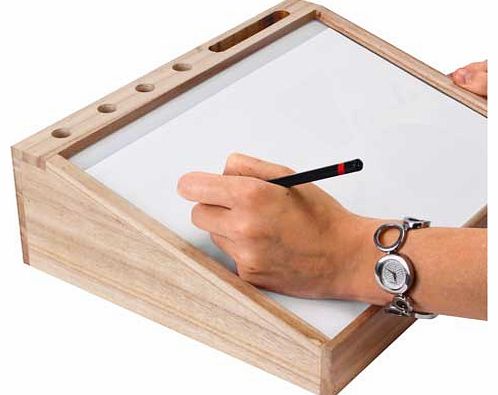 Wood effect with a white A4 work area. No assembly required and simple to use. Integral pen and pencil holders. Lip to retain paper and pens. Size H9.5. W32. D25.5cm. EAN: 5017224501041. (Barcode EAN=5017224501041)