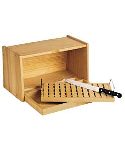 Made of rubberwood. Size (H)23, (W)40, (D)23cm. Crumb-catcher, chopping/bread board stores within bi