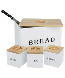 White colour and natural rubberwood.3 strorage containers and bread knife included.Size of bread bin