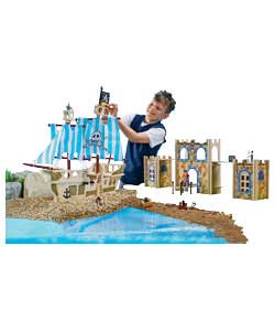 Includes Pirate ship, Pirate castle, Pirate figures and playmat.The captain and his Pirates sail