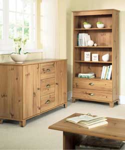 Pine effect. 3 adjustable shelves and base shelf. 2 drawers. Size (W)77.3, (D)28.8, (H)157.4cm