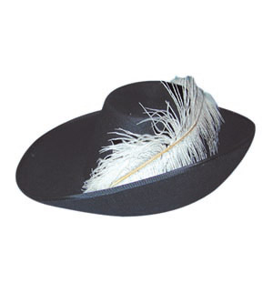 Give an impression of gallic nobility and flair with this black cavalier hat with large white flambo