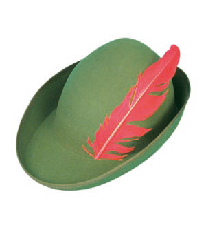 Excellent quality green wool felt Robin Hood hat with distinctive red feather