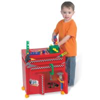 Racing pit with chest playset, complete with 43 play accessories. Powermatic tools with realistic