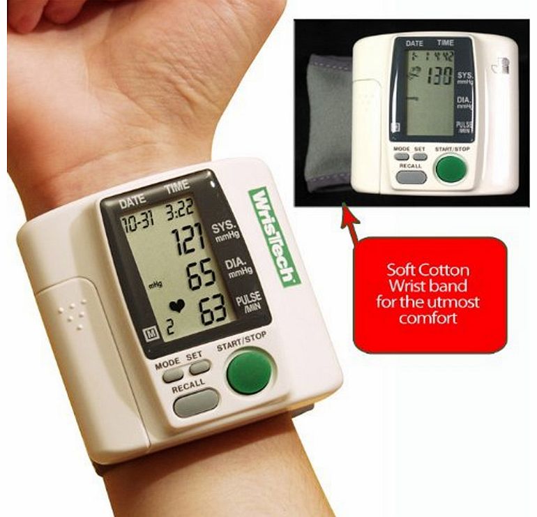 Self-inflating blood pressure monitor. Simply slips onto wrist. Easy-read display. Automatic memory records up to 99 readings. The simple and affordable way to keep track of your health.