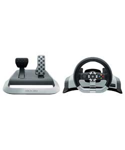 Wireless racing wheel with full pedals for your feet.Force feedback for realistic turns and bumps.Si