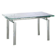 The Yakima extending dining table has a clear glass top with a chrome frame.  Add to any home for a 