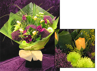 yellow roses, purple eustoma, Kermit chrysanths, beargrass and solidaster
