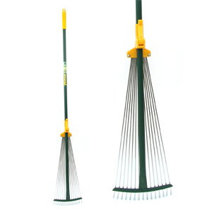 This versatile lawn and leaf rake has metal tines that can be adjusted to achieve different widths  