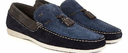 Z Zegna Navy Suede Tassel Moccasin designed with a touch of contemporary feel and a elegant toe shape there sophisticated and tidy moccasin feature stitching around the toe with silver branding on the tongue of shoe with a white sole. Colour: Navy Fa