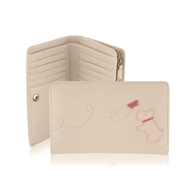 A medium sized zip wallet with the signature Radley dog playing with a butterfly decorating the fron