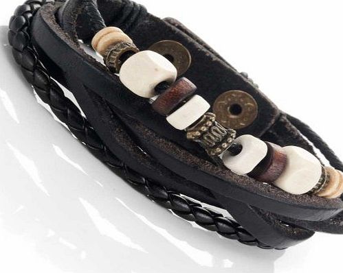 Urban-Jewelry Vintage Earth Brown and Blond Beaded Bracelet - Black Genuine Leather Snap Cuff Bracelet