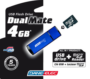 usb 2.0 Flash / Key Drive - 4GB - Dane Elec DualMate - USB Drive   MicroSD HC Memory Reader