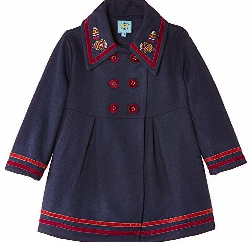 Uttam Kids Girls Velvet Trim Wool Coat, Blue, 6-8 Years (Manufacturer Size:5-6 Years)