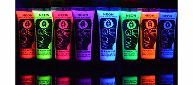 UV Glow Neon Face and Body Paint 10ml - Set of 8 Tubes - All Colours Fluorescent