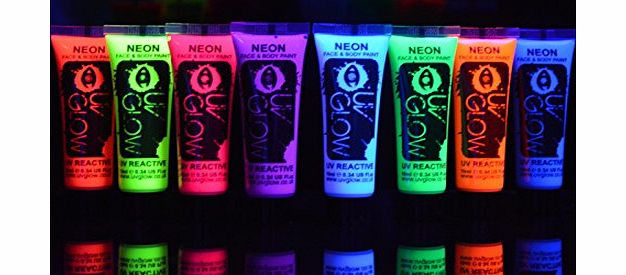 UV Glow Neon Face and Body Paint 10ml - Set of 8 Tubes - All Colours Fluorescent
