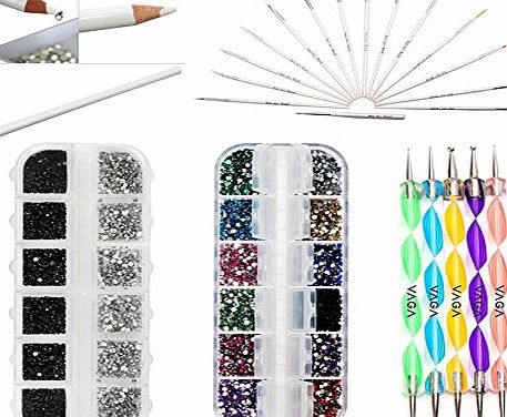 VAGA Professional Premium Nail Art Decorations Tools Set Kit With White Wax Rhinestones Picker Pencil / Pen, Black And Silver Gemstones, Mixed Colours Shapes Jewels, 15 White Brushes / Stripers / Liners An