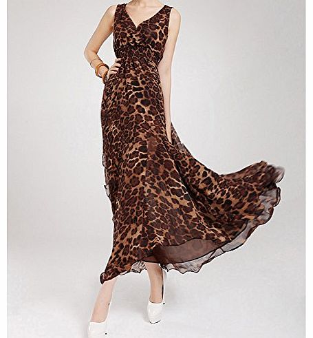 Lady Elegant Chiffon V-neck Evening Ball Gown Long Maxi Dress Brown Leopard (L)