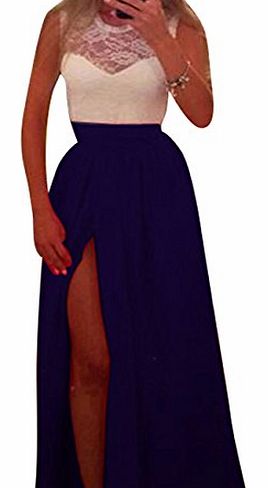 Women Long Evening Party Ball Prom Gown Formal Bridesmaid Cocktail Dress (M=UK10-UK12, Navy Blue+White)