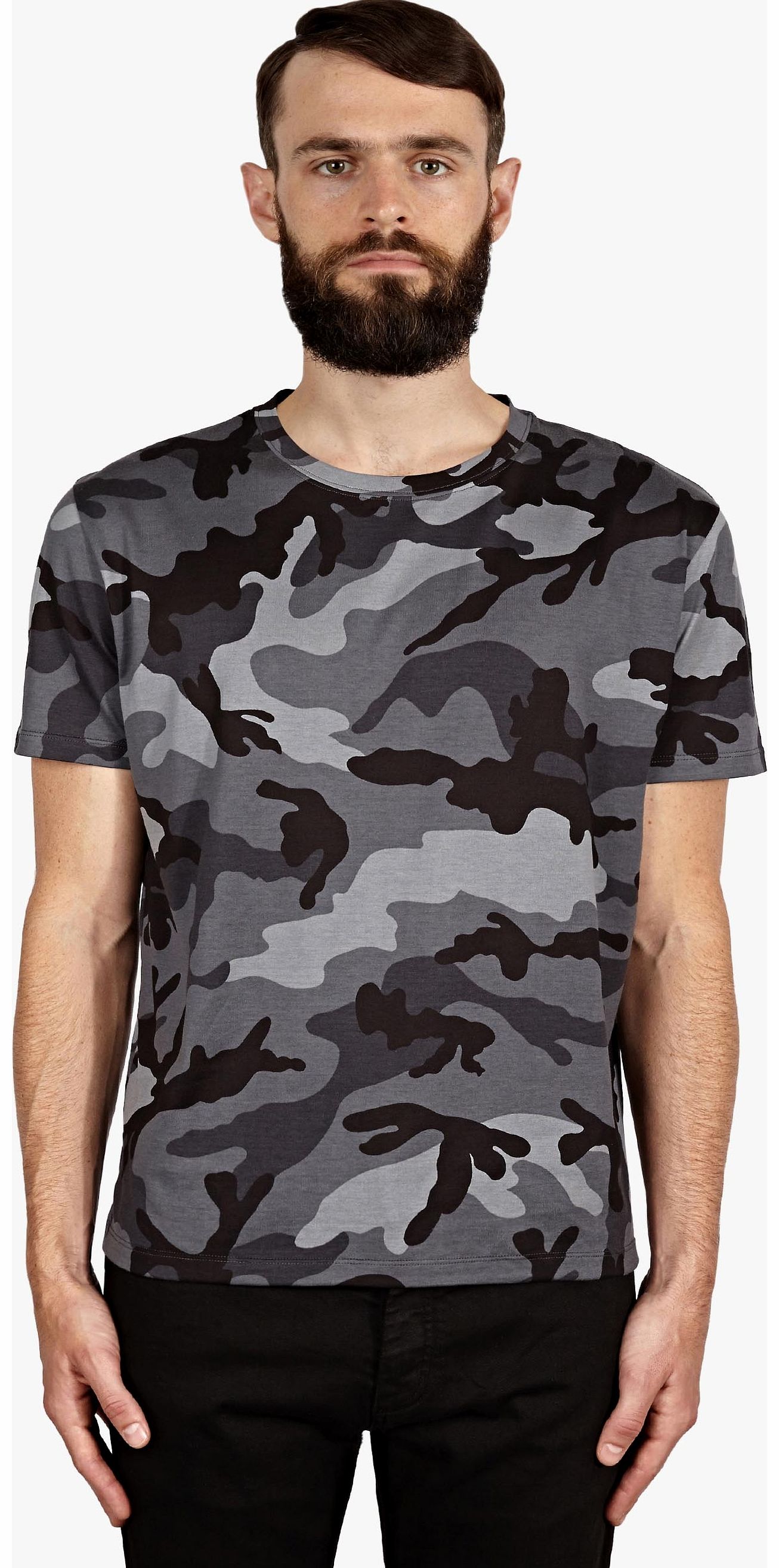 Mens Grey Camouflage Cotton T-Shirt