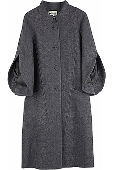 Anthracite wool blend herringbone weave trapeze coat with tulip shaped sleeves.