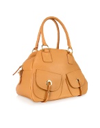 Front Pockets Grained Leather Bowler Bag