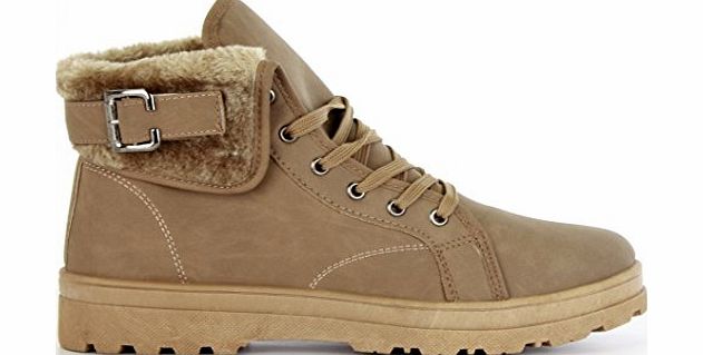 VanityStar Khaki Size 4 Ladies Boots Womens Shoes Military High Ankle Lace Up Buckle Fur Lined Winter