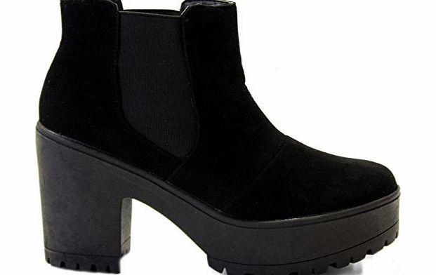 VanityStar Sole Affair HERO Chunky Ladies Cleated Platform Sole Block Heel Chelsea Ankle Boots Shoes Size UK 6, EU 39 Black Suede