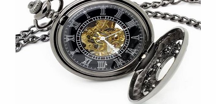 Vantasy Antique Attraction Magic Half Hunter Black Steel Skeleton Hand Wind Mechanical Pocket Watch Long Chain Value Quality