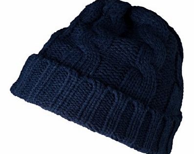 Hat - beanie - cable knit, warm, trendy - welt ribbed knit,dark blue