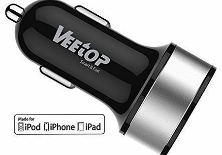 Dual USB High Speed (MFI Certified) Car Charger UPGRADE 3.4Amp 15.5W - 2.4A & 1.0A, Smart charging for all iPhones (5S, 5C, 5, 4S, 3GS, 3G),iPad Air, iPad Mini, Apple iOS7, iPod,iPod Touch