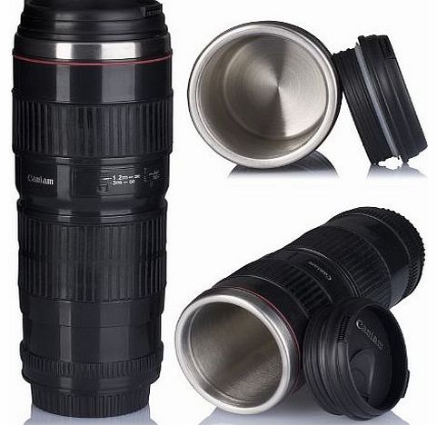  - Car Thermal Mug in Camera Telephoto Lens Desing - for Coffee, Tea, Chocolate, Milk, Water, etc. - 0.4l, black