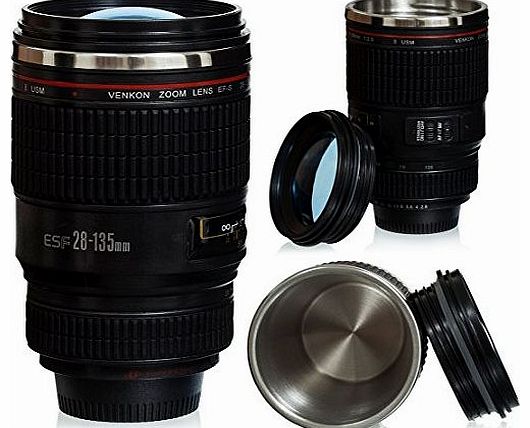 Venkon  - Travel Thermal Mug in Camera Lens Desing - for Coffee, Tea, Chocolate, Milk, Water, etc. - 0.4l, black