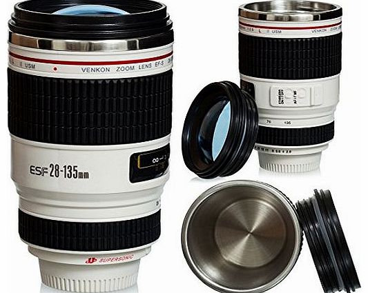 Venkon  - Travel Thermal Mug in Camera Lens Desing in Camera Telephoto Lens Desing - for Coffee, Tea, Chocolate, Milk, Water, etc. - 0.4l, white