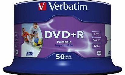 Verbatim 43512 4.7GB 16x DVD R Wide Inkjet Printable 50 Pack Spindle No ID Brand