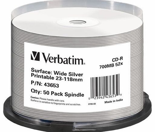 Verbatim 43653 CD-R 52x Wide Print Silver 50 pack