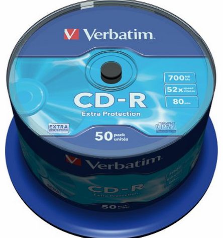 Verbatim CD-R 80 pk of 50. Speed 52x, 700MB Verbatim 43351 700MB 52x CD-R Extra Protection 50 pack Spindle