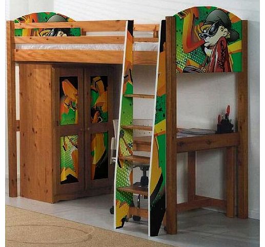 Boys Pine Highsleeper Bed with Graffiti Design