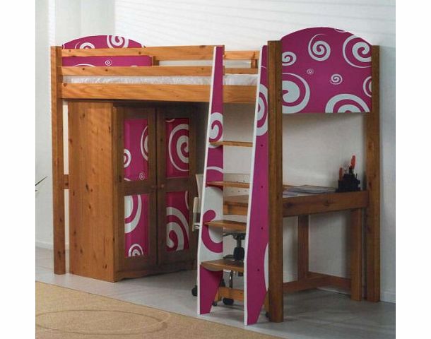 Verona Design Girls Pine Highsleeper Bed with Funky Pink Design