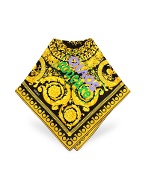 Versace Black and Gold Ornamental Logoed Printed Silk Square Scarf